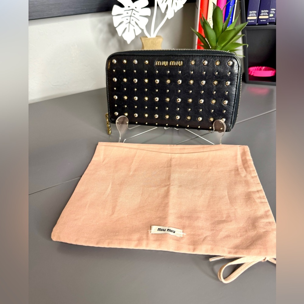 Miu Miu Black Studded Leather Zippy Wallet #388
